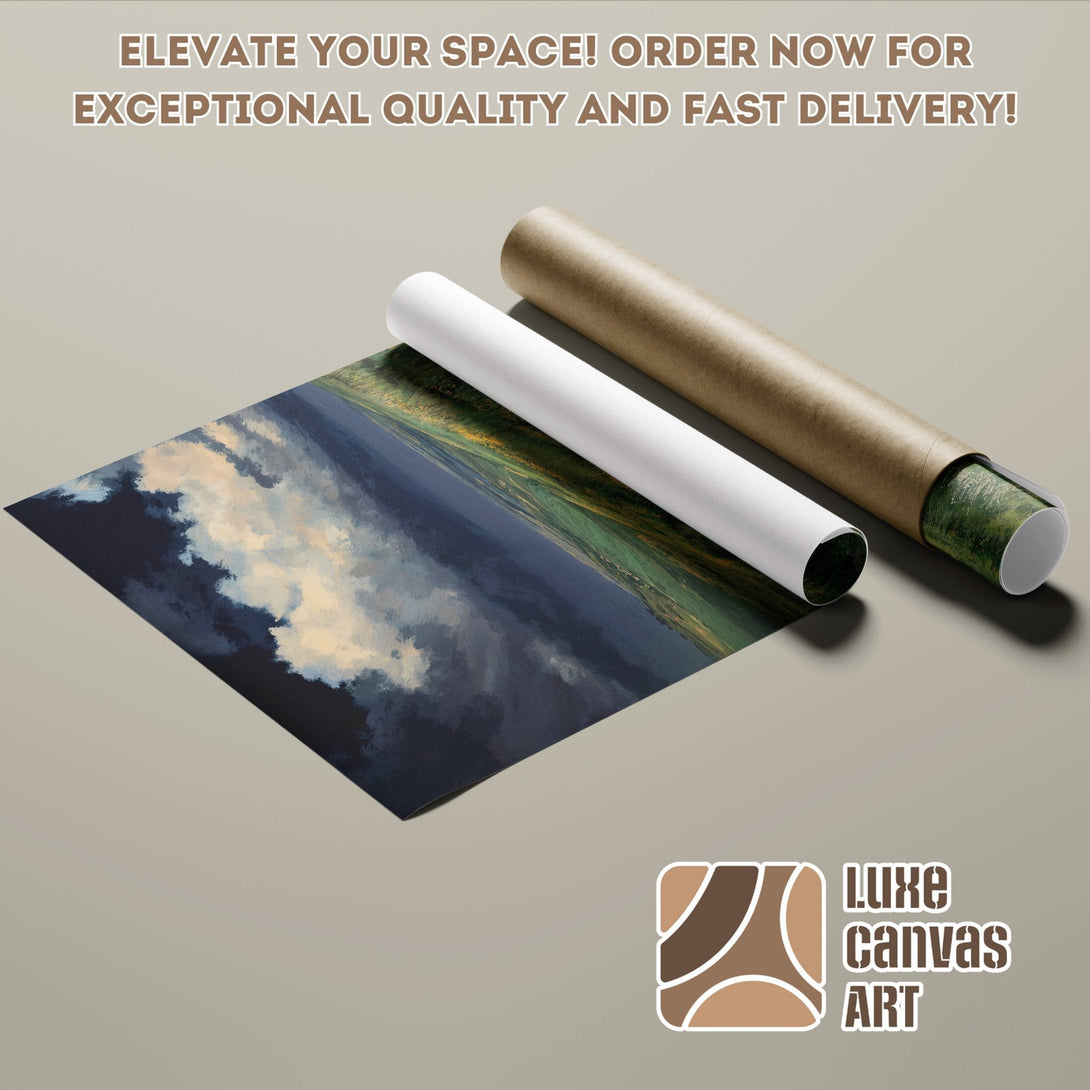 Poster Roll featuring a landscape painting in a moody, blue and green palette. Elevate your space!