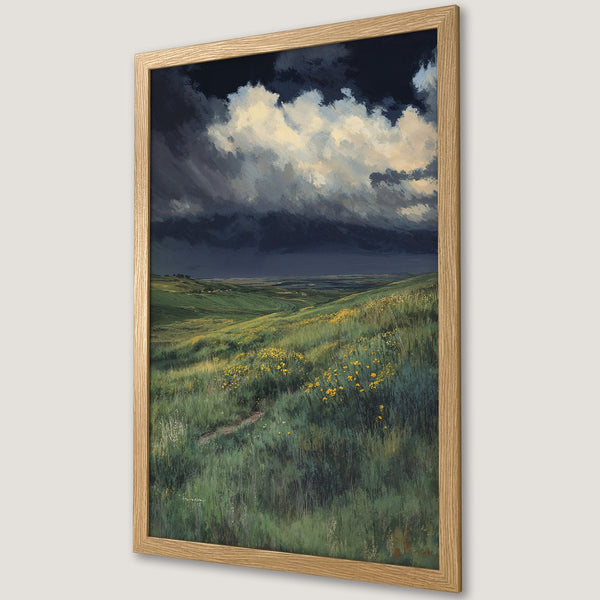 Framed Poster featuring a landscape painting with a dramatic sky, green fields, and a warm color palette. Perfect wall art!