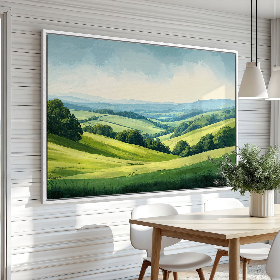 Framed Wall Art of a serene green landscape. Watercolor style with a calming palette of greens, blues, and whites. Perfect for adding tranquility to any space.