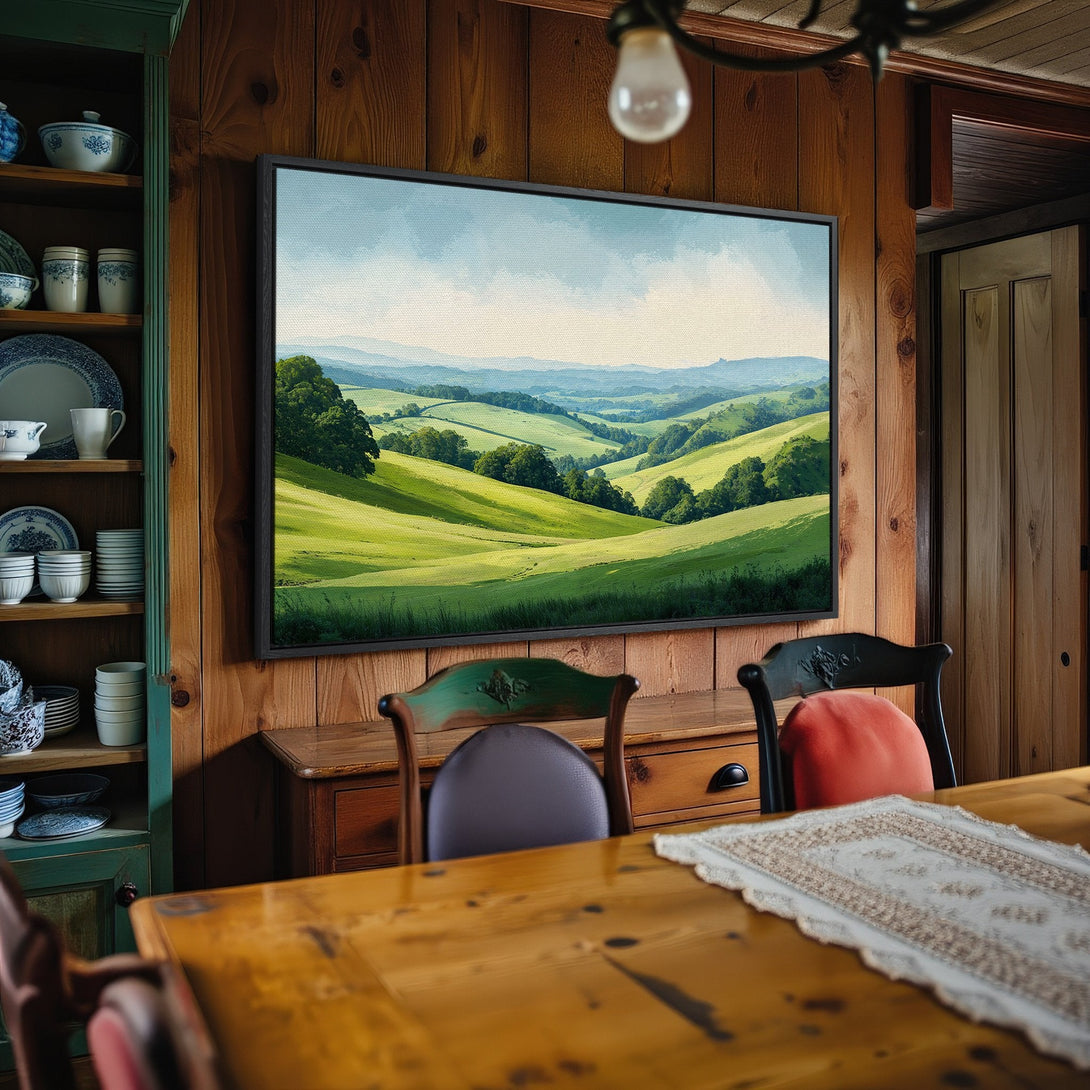 Framed Wall Art: Landscape Canvas Print in a rustic dining room. Serene green hills and blue skies, a calming nature scene. Perfect home decor!