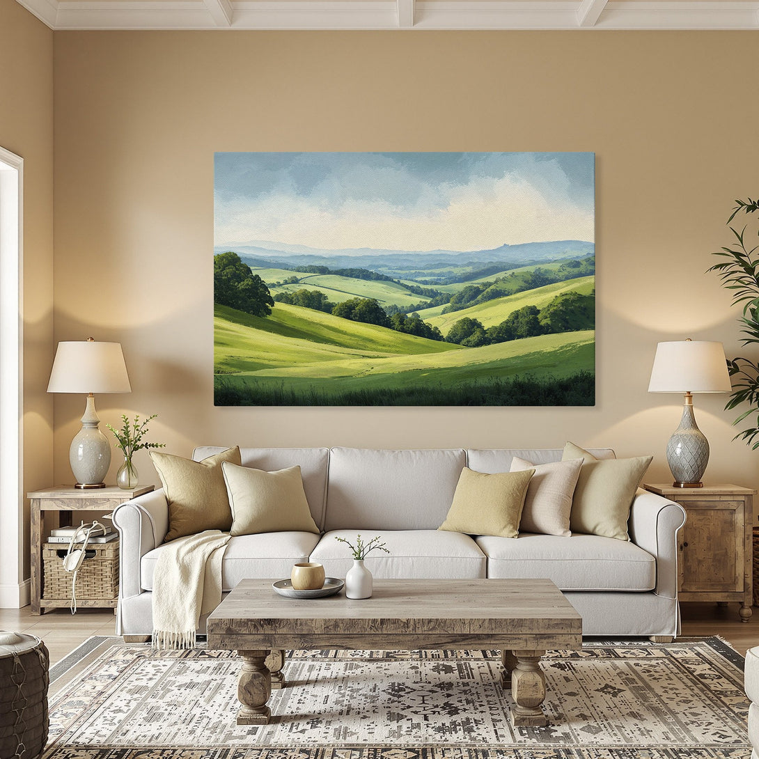 Framed Wall Art: Landscape Canvas Print with rolling green hills, blue sky, and a warm, inviting color palette. Perfect for any home!