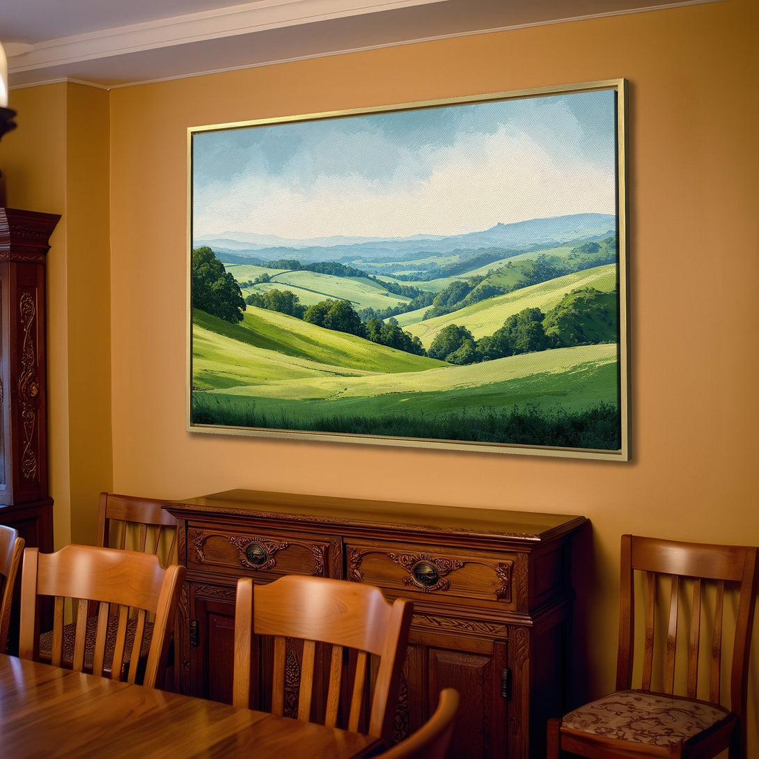 Canvas Print of a rolling green hills landscape. Watercolor style, with a calming blue and green color palette. Perfect wall art for any room.