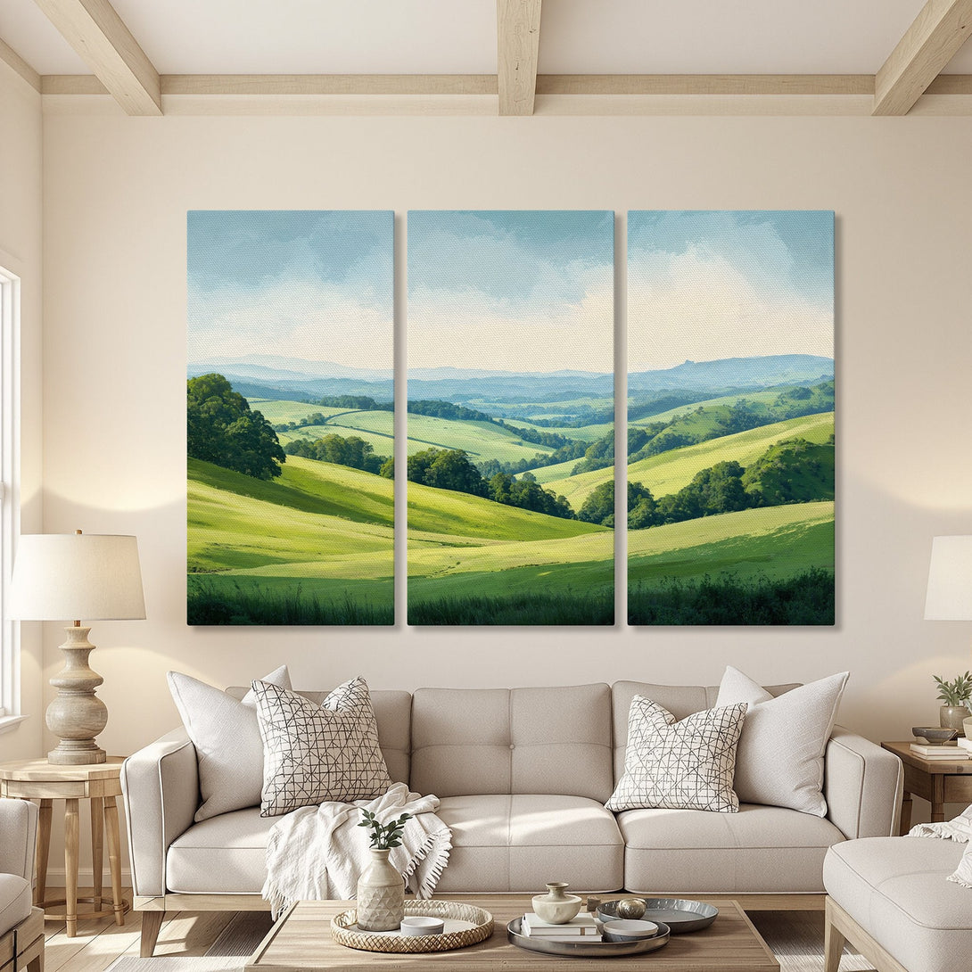 Canvas Print of a serene landscape painting with rolling green hills and a blue sky. Modern style, calming color palette. Perfect wall art.