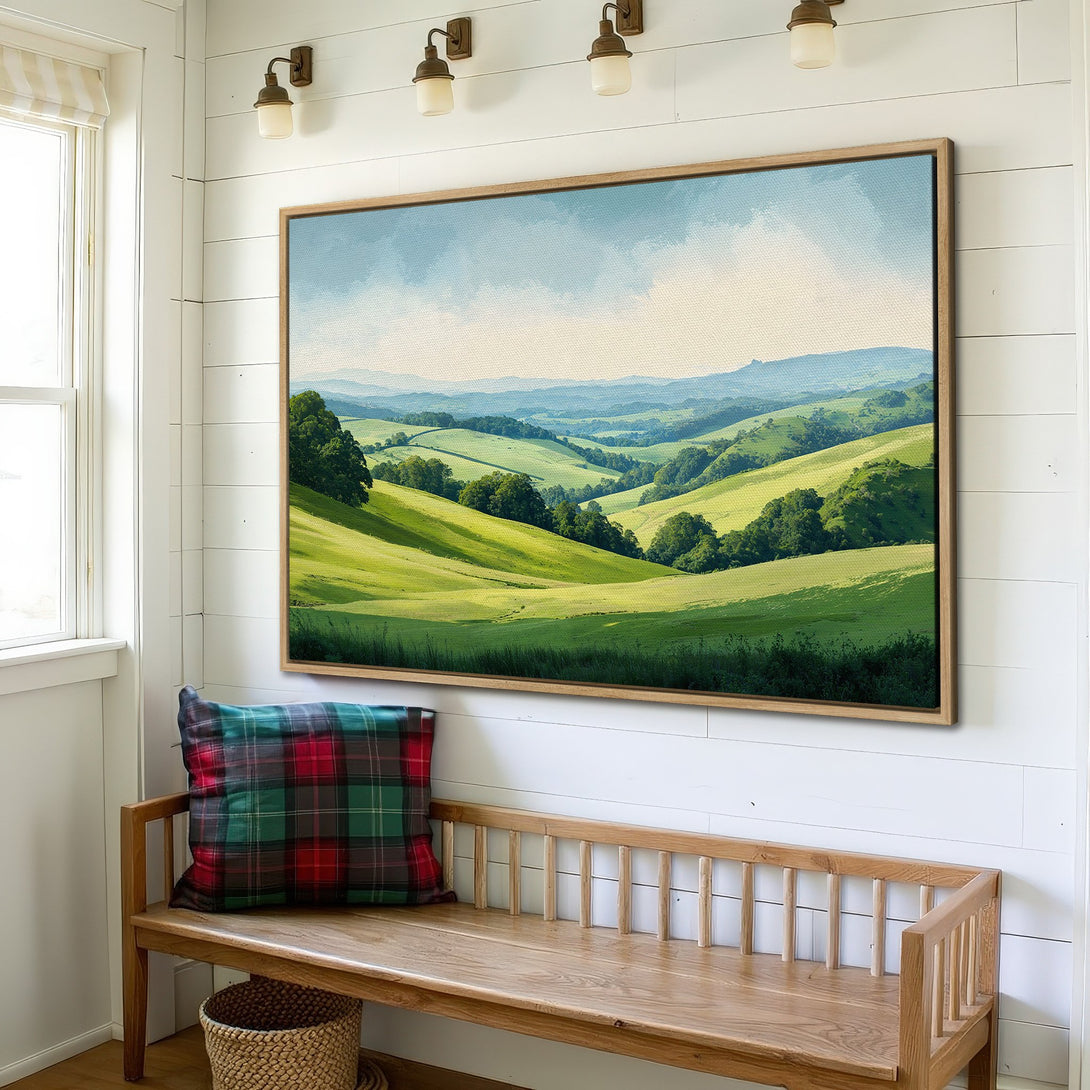 Framed Wall Art: Landscape Canvas Print featuring rolling green hills and blue skies, perfect for adding a touch of nature to your home decor.