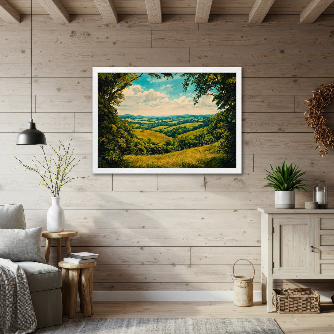 Framed Poster of a scenic landscape painting. Features green and blue hues, perfect for home decor. Add a touch of nature to your space!