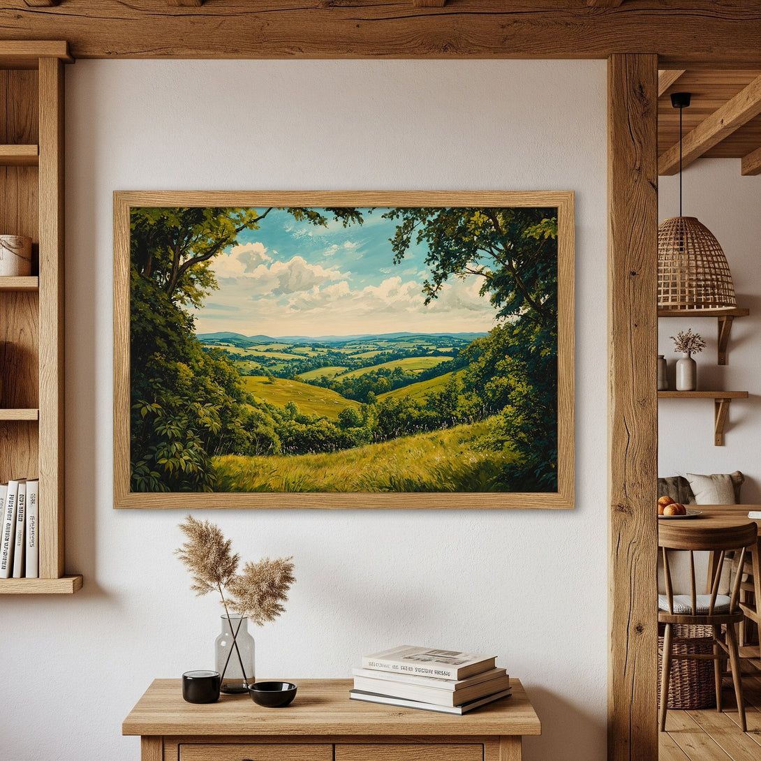 Framed Poster of a serene landscape painting with green and blue hues. Perfect art for your home!