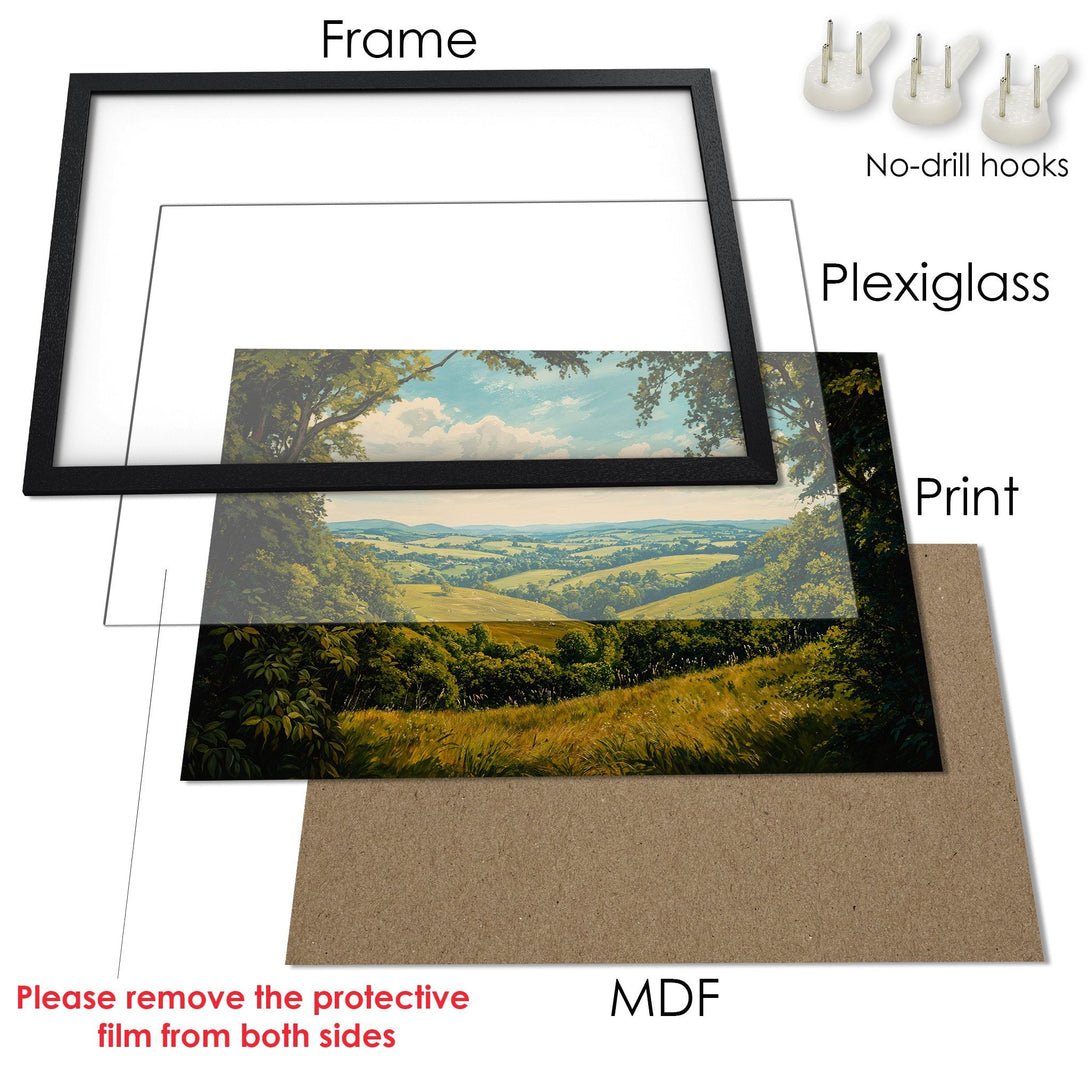 Framed Poster of a scenic landscape in green and blue tones. Perfect art for your home!