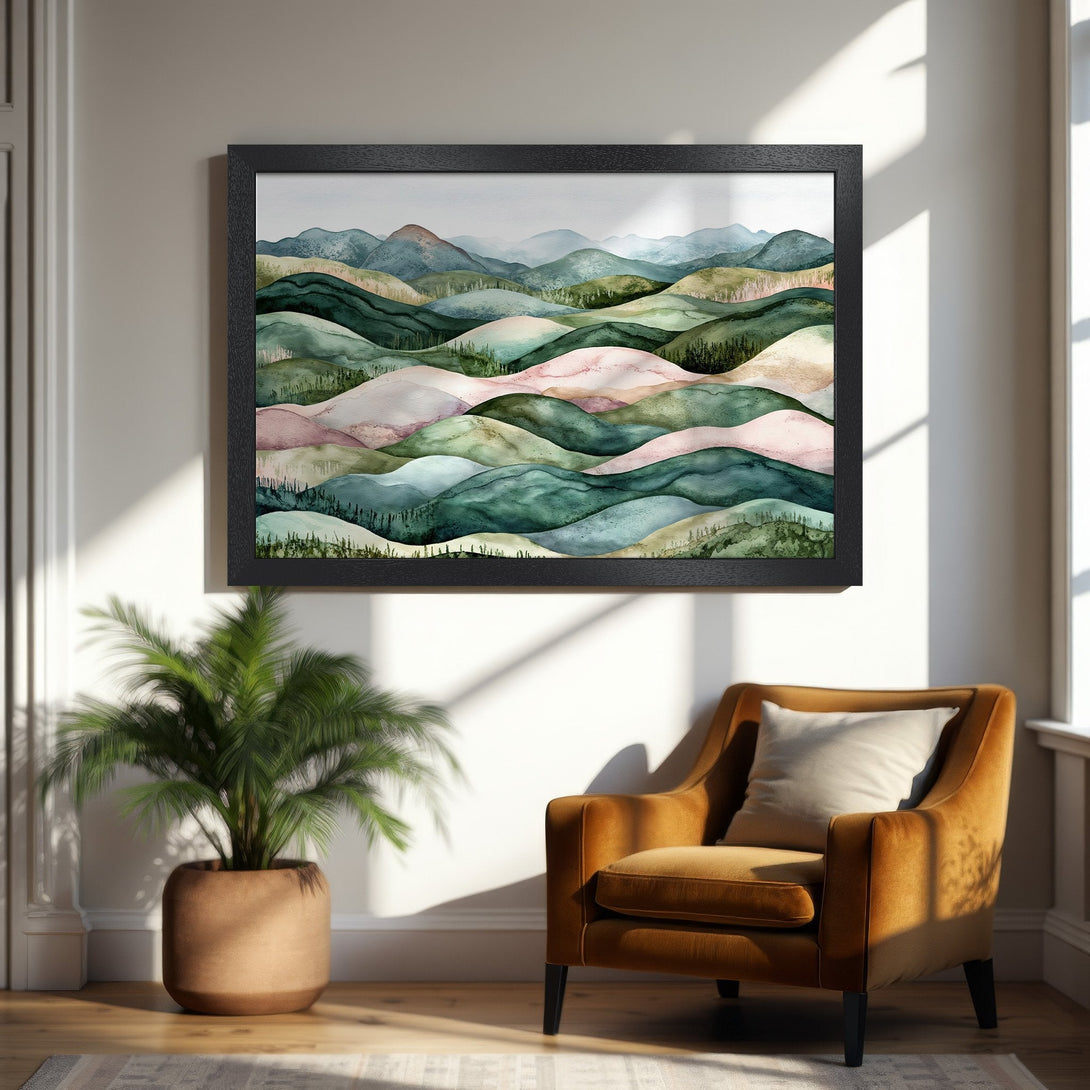 Framed Poster featuring watercolor landscape art in green, pink, and blue hues. Perfect for adding a touch of nature to your home decor.