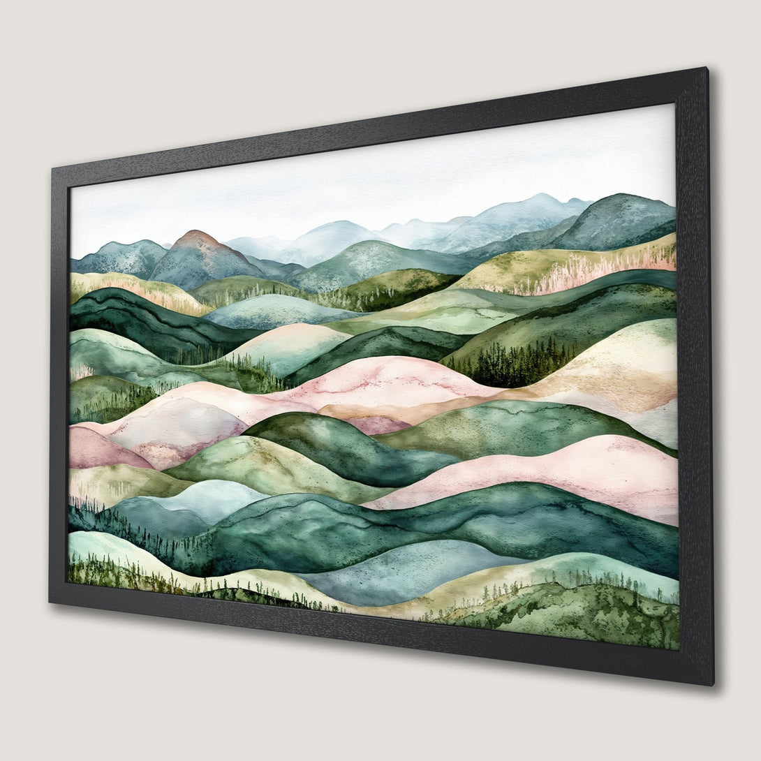 Framed Poster of watercolor landscape art. Features rolling hills in green, blue, and pink hues. Perfect wall decor!