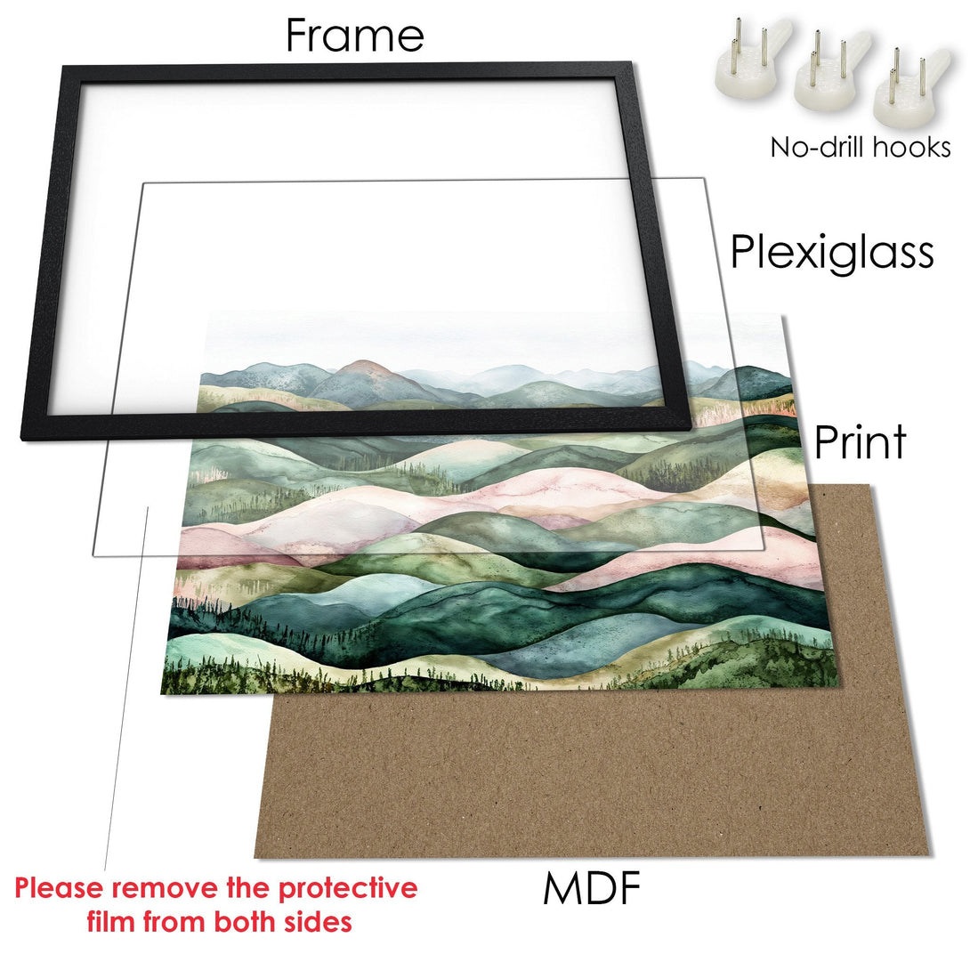 Framed Poster of watercolor landscape art. Features a black frame, soft green & pink tones, and a serene style. Perfect wall decor.