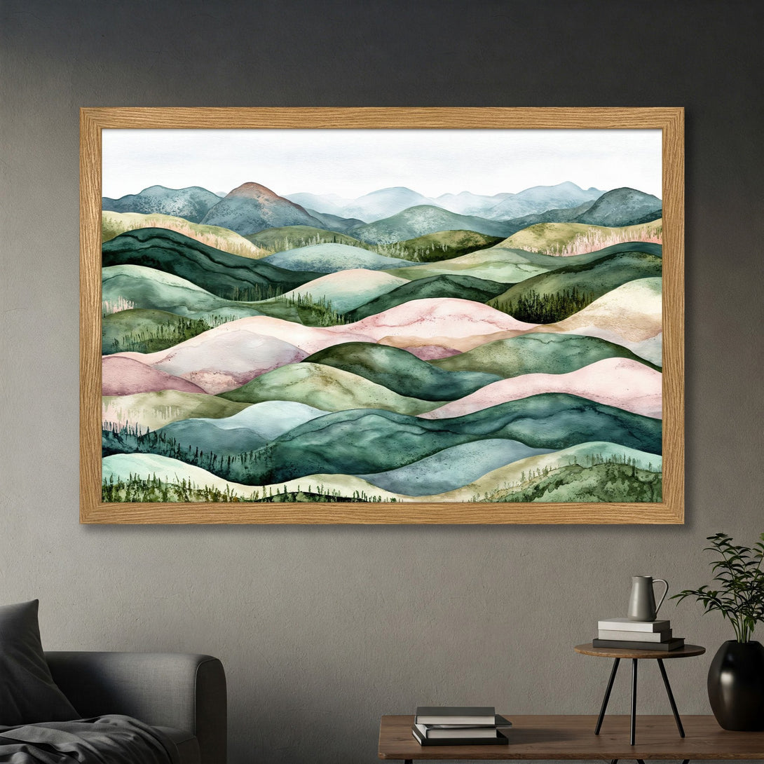 Framed Poster featuring watercolor landscape art with rolling hills in shades of green, pink, and blue. Perfect wall decor!