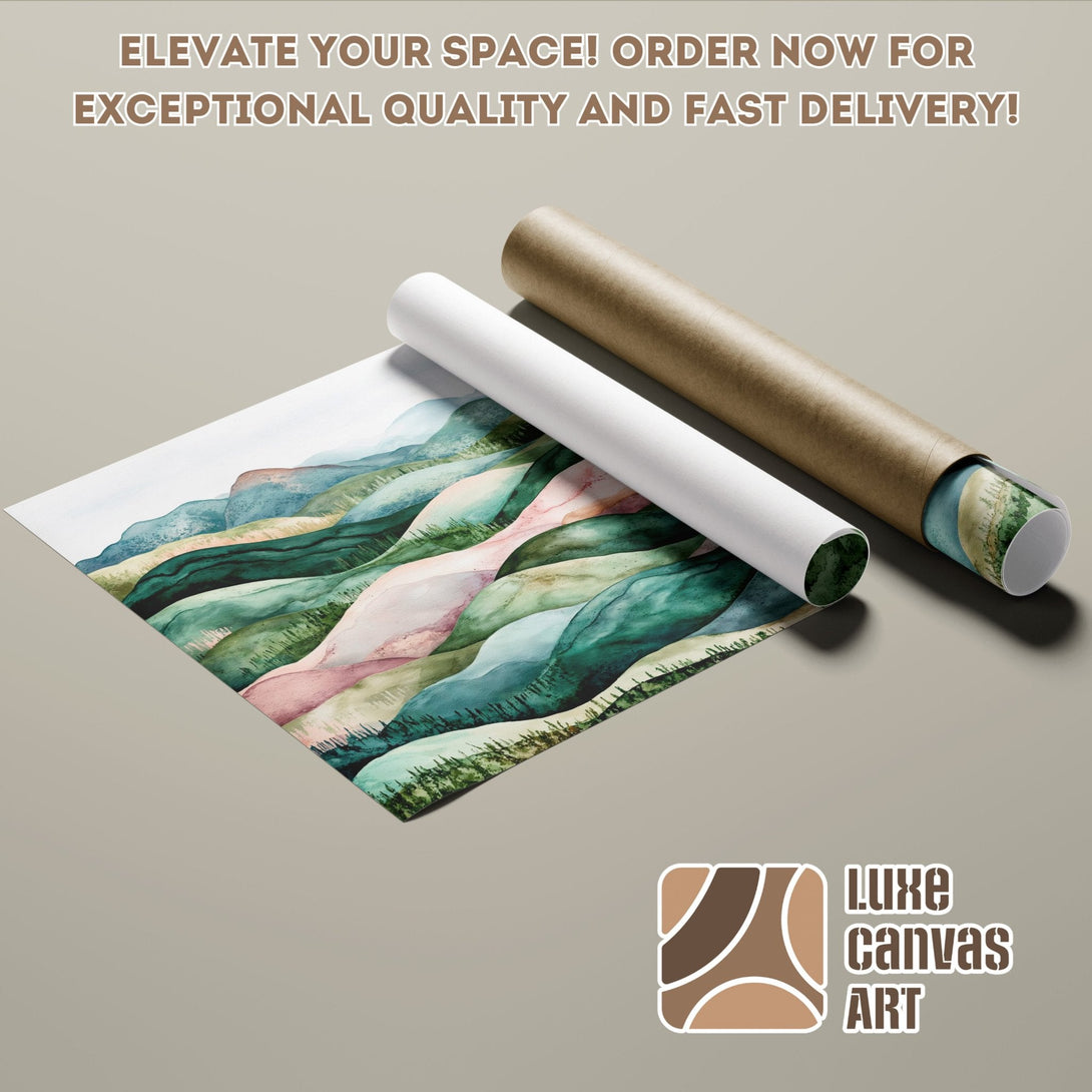 Watercolor mountain Poster Roll art print in green, pink, and blue tones. Elevate your space!