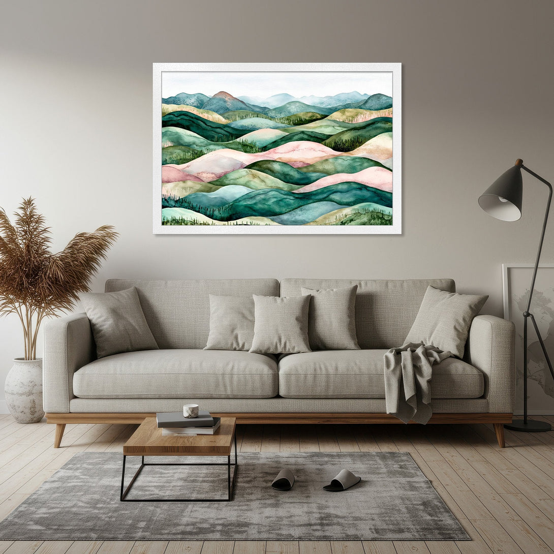 Framed Poster featuring watercolor landscape art. Green, pink, and blue hues create a calming aesthetic. Perfect wall decor.