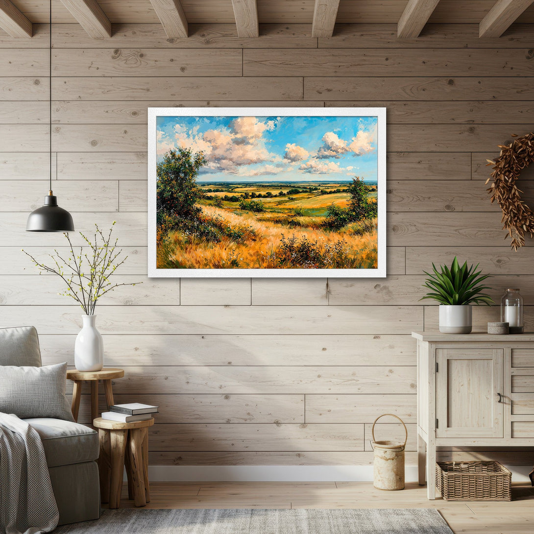 Framed Poster of a landscape painting in warm tones. Perfect art for home decor, featuring a beautiful field and sky.