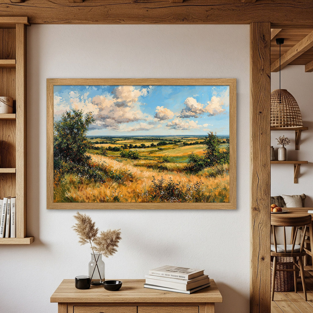 Framed Poster of a serene landscape painting. Impressionistic style with warm yellows, blues, and greens. Perfect for adding a touch of nature to your home!