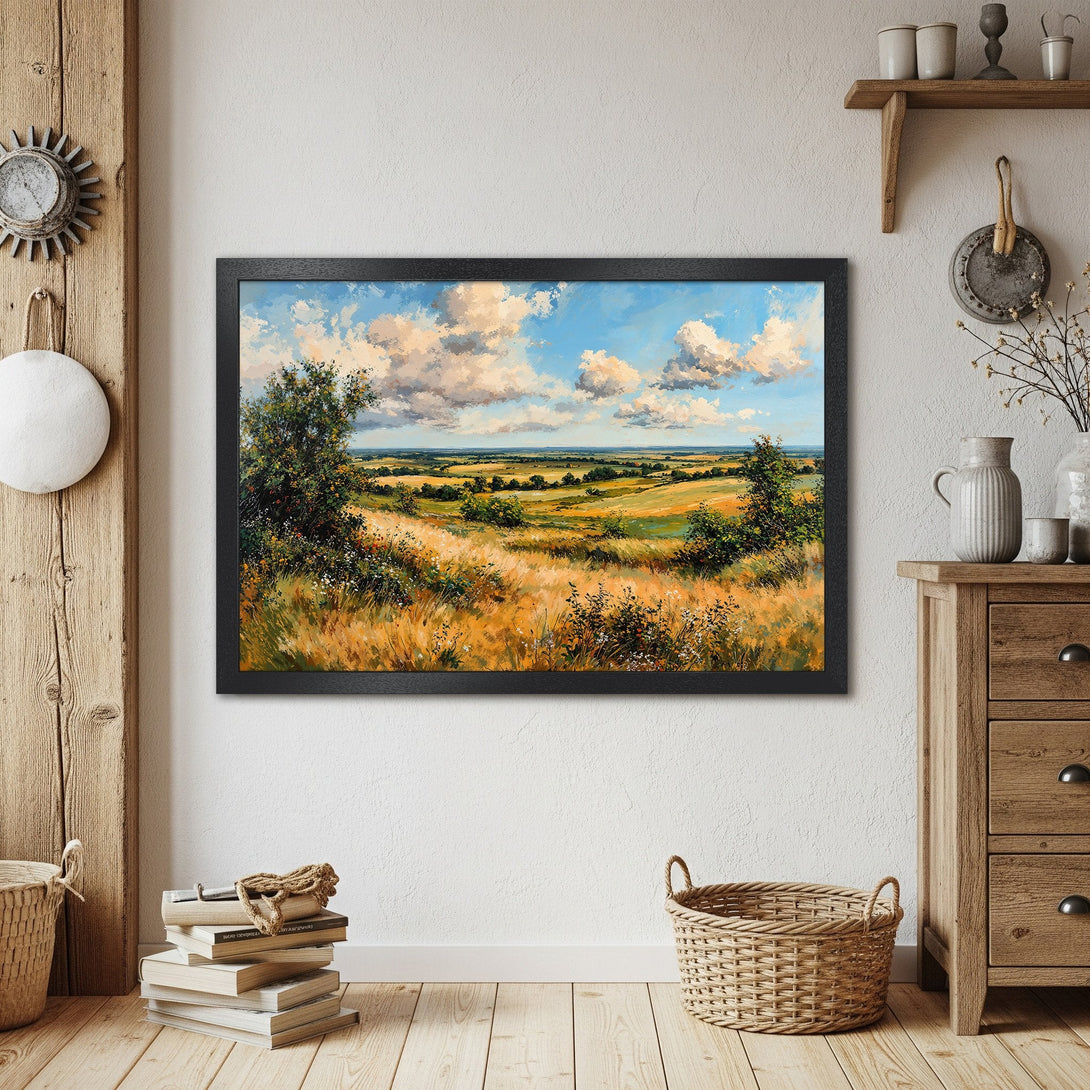 Framed Poster of a landscape painting in impressionist style, featuring a blue sky, golden fields, and a warm color palette.