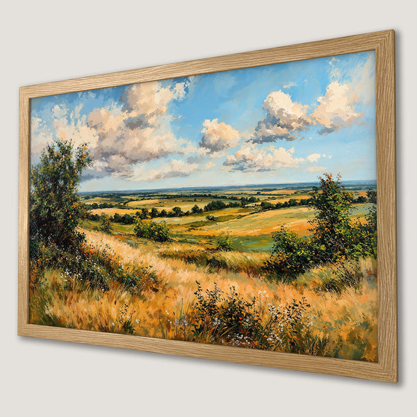 Framed Poster of a landscape painting in impressionist style with a warm, earthy color palette.