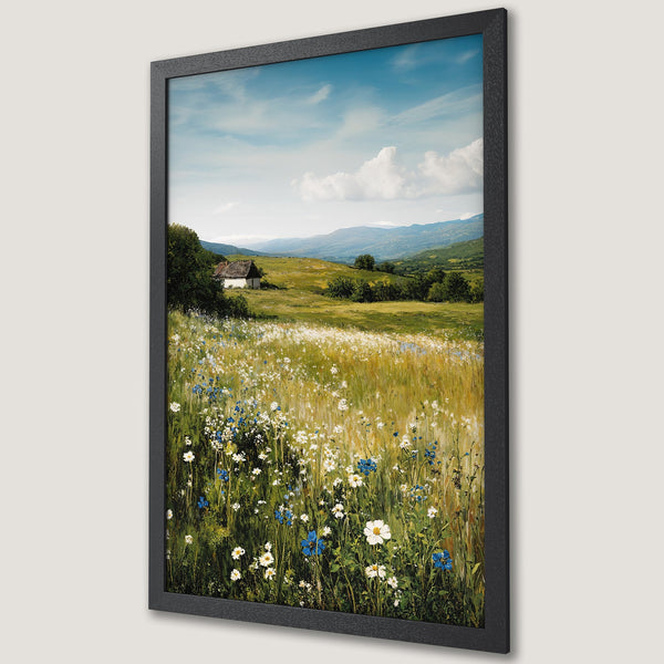 Framed Poster of a serene landscape painting with wildflowers, a cottage, and mountains, featuring a blue, green, and yellow color palette.