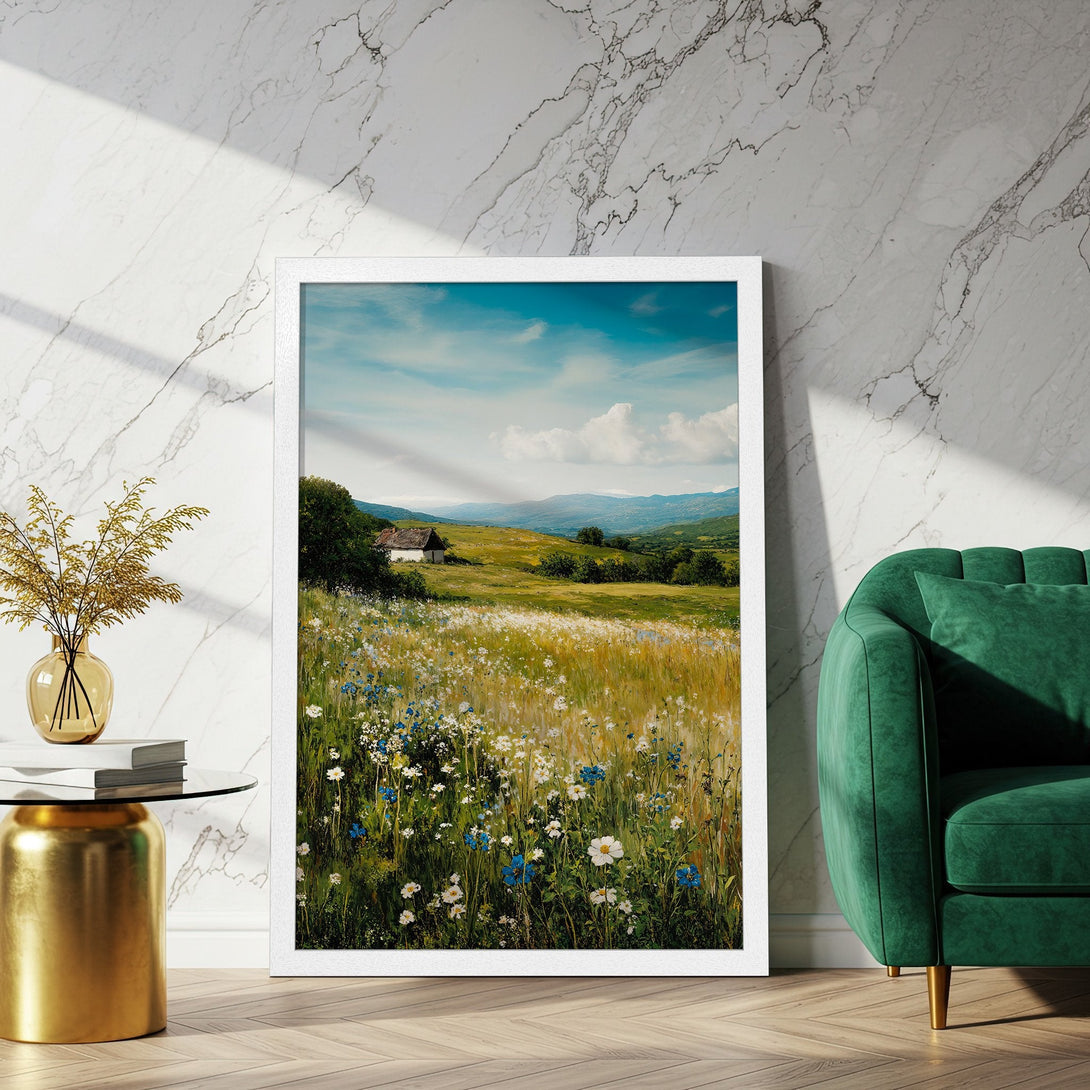 Framed Poster of a serene landscape painting with wildflowers, featuring a natural color palette. Perfect wall art for your home!