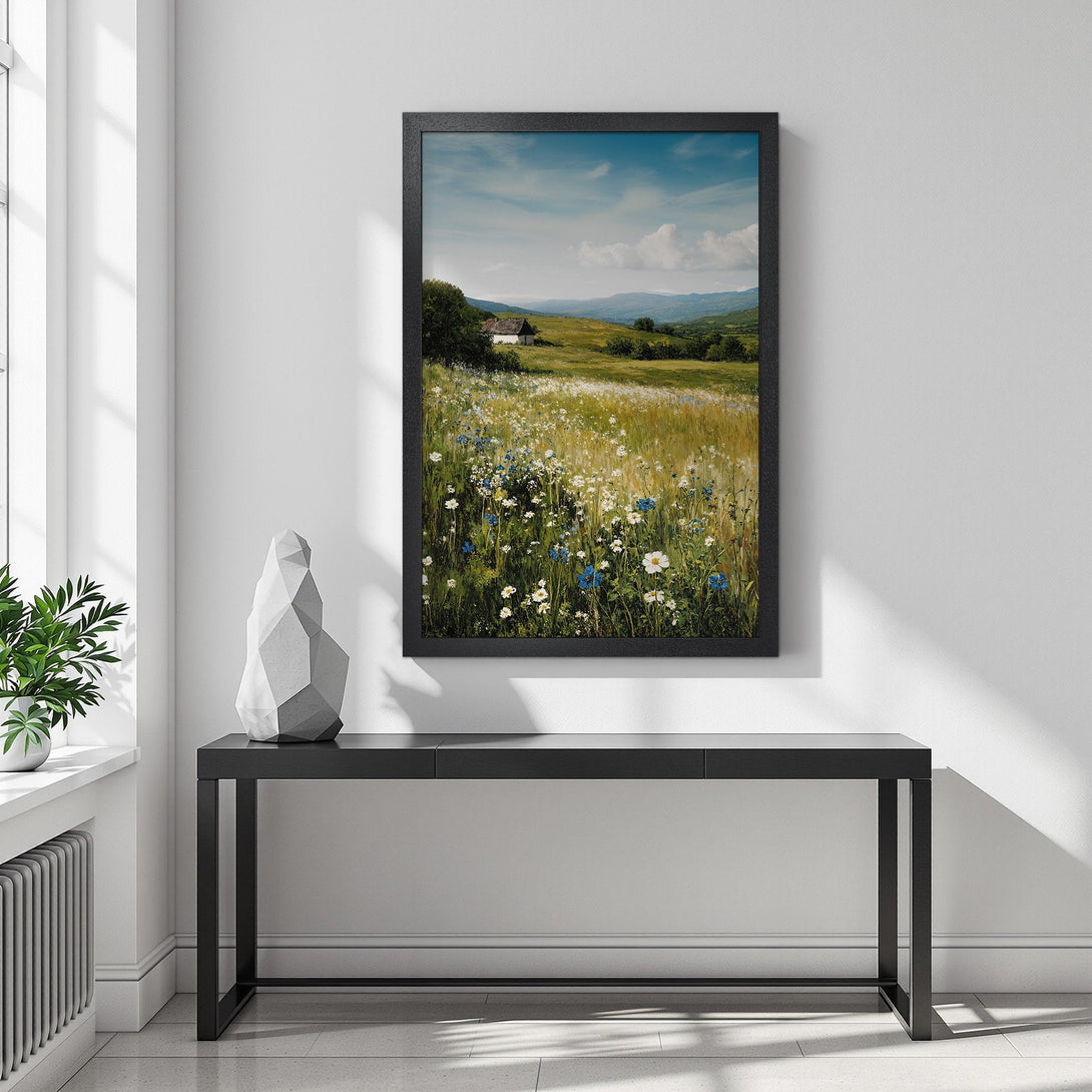 Framed Poster featuring a serene landscape with a house, meadow, and blue sky. Rustic style with green, blue, and yellow tones. Perfect wall art!