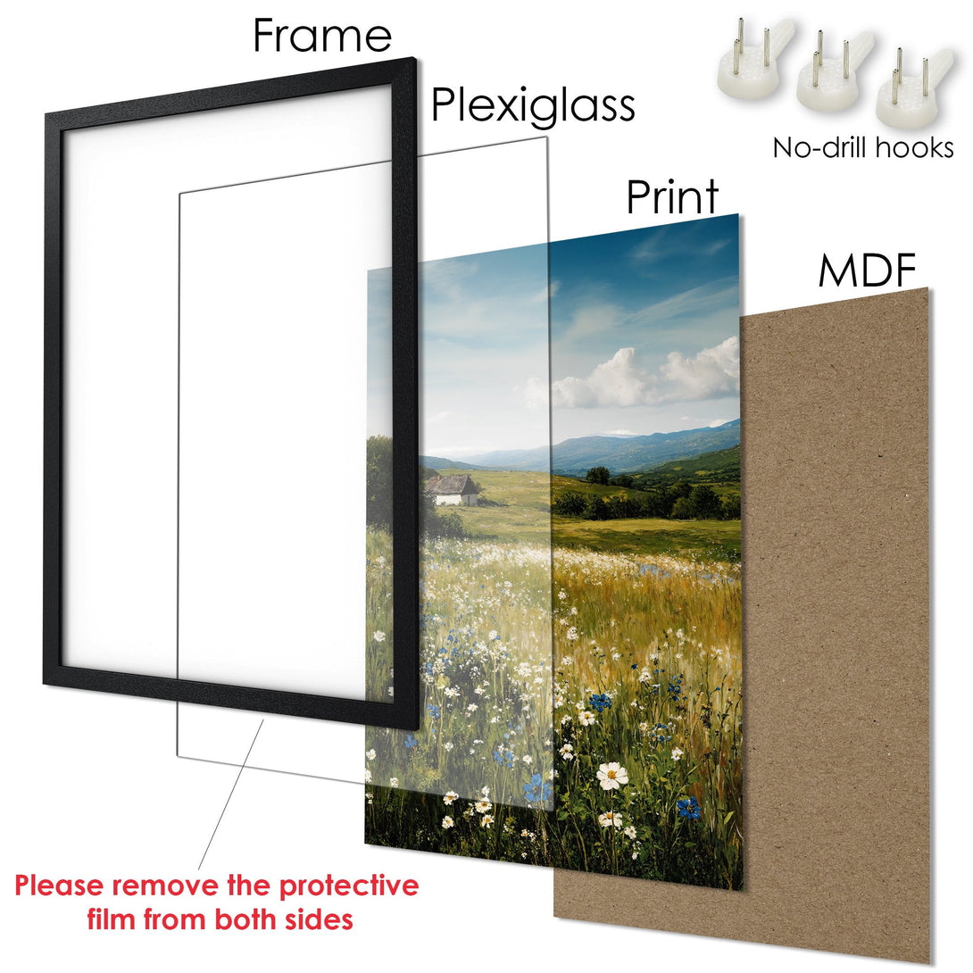 Framed Poster of a serene landscape with a vibrant color palette. Perfect wall art for your home!