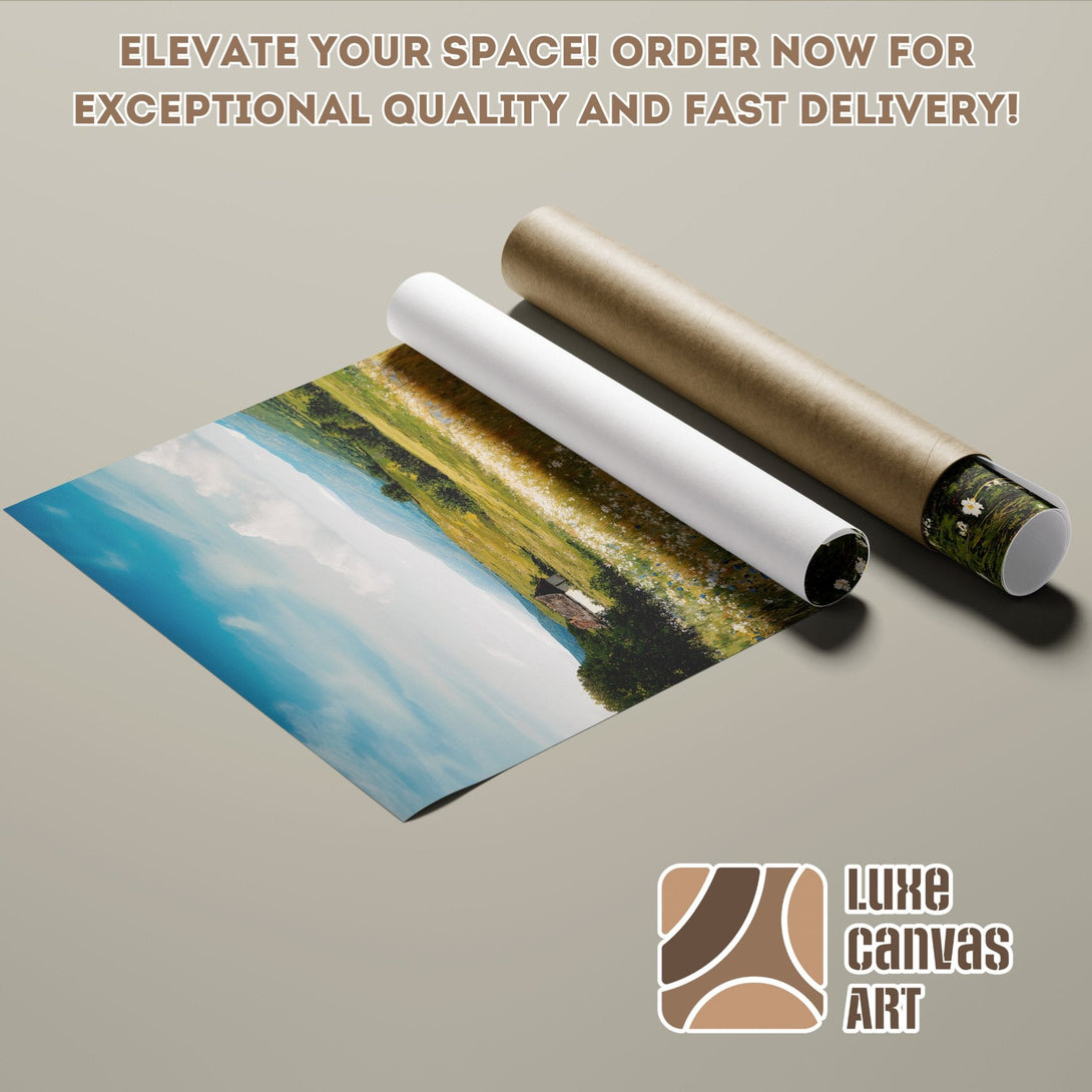 Poster Roll featuring a landscape scene with blue sky, green fields, and natural color palette.