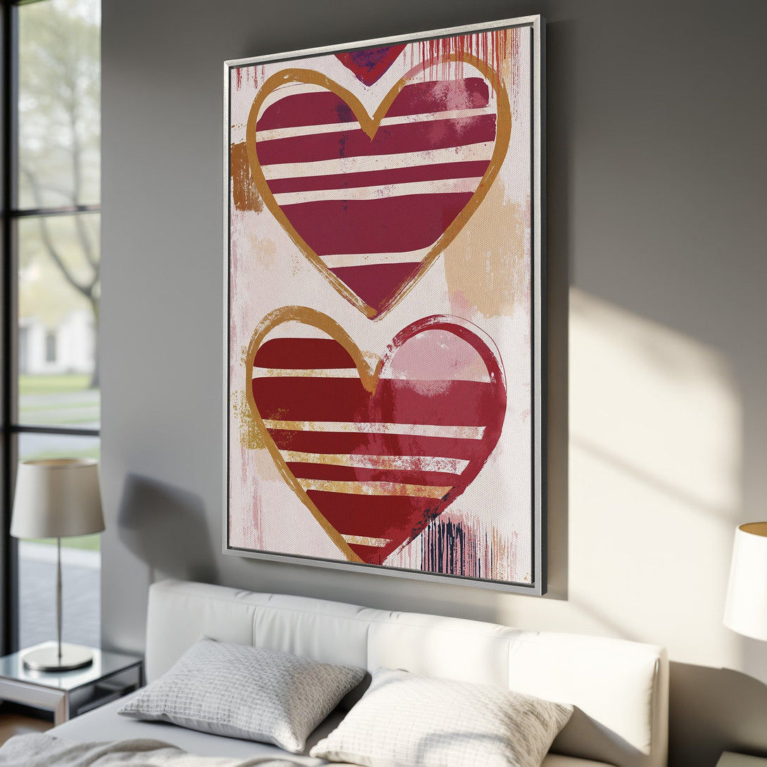 Framed Wall Art: Abstract heart canvas print in red, gold, and blush tones. Modern art for bedroom decor. Elevate your space with this stylish wall hanging.