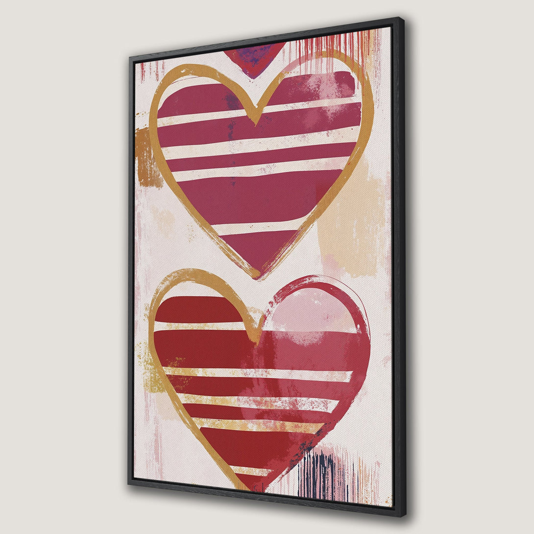 Framed Wall Art featuring abstract hearts in red, gold, and white. Modern art canvas print perfect for adding a pop of color to any room.