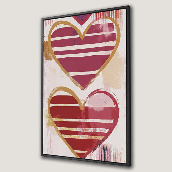 Framed Wall Art featuring abstract hearts in red, gold, and white. Modern art canvas print perfect for adding a pop of color to any room.