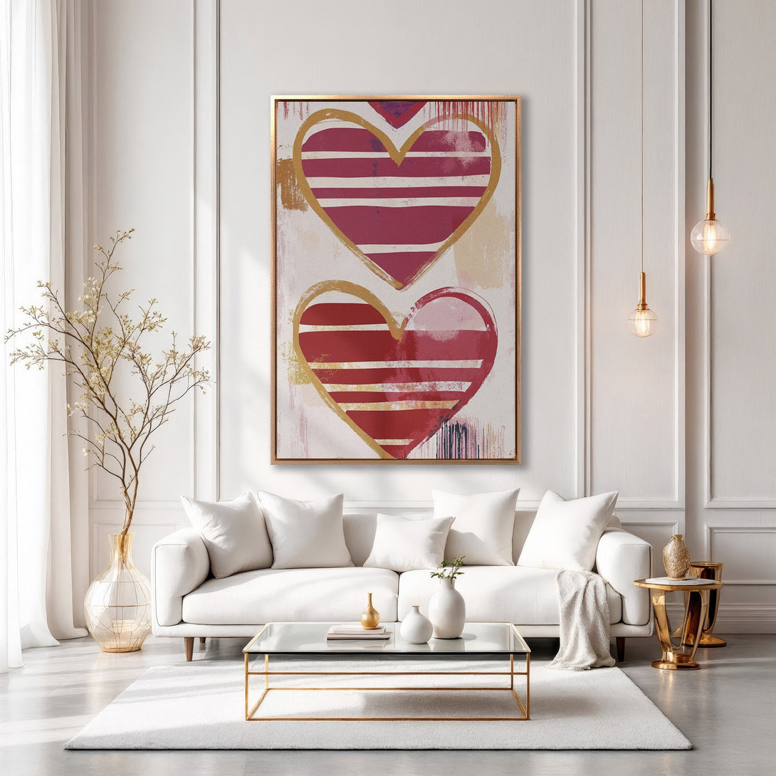 Framed Wall Art: Abstract heart Canvas Print in a modern living room. Features red, gold, and white color palette. Perfect for adding love and style to your home!