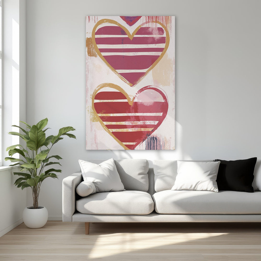 Framed Wall Art featuring abstract hearts in red and gold, perfect for modern bedroom decor. Adds a touch of love!
