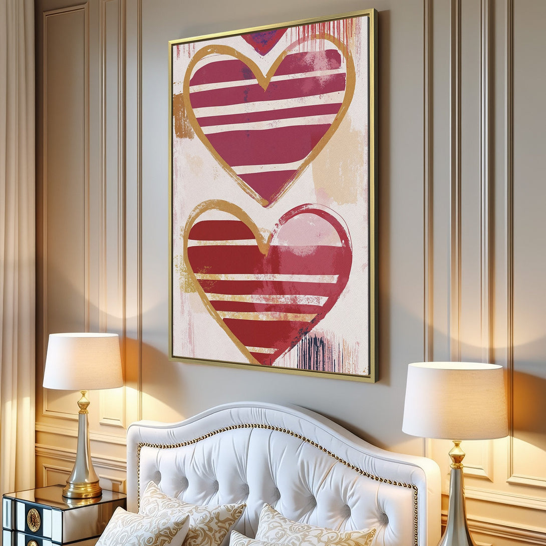 Canvas Print featuring abstract hearts in red, gold, and pink hues. Modern art style, perfect for adding a pop of color to any space.