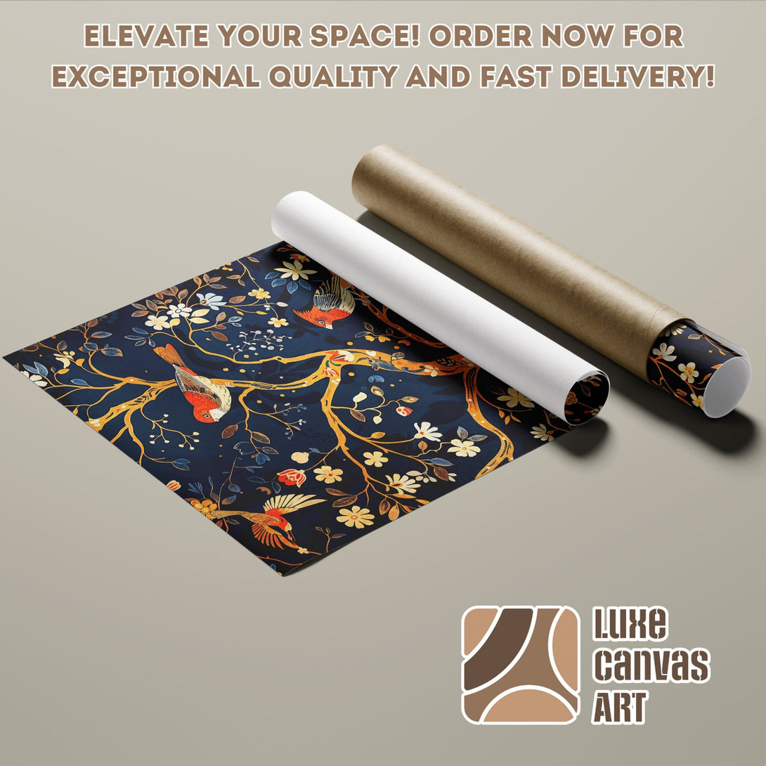Poster Roll featuring a floral and bird design, navy blue background, warm color palette.