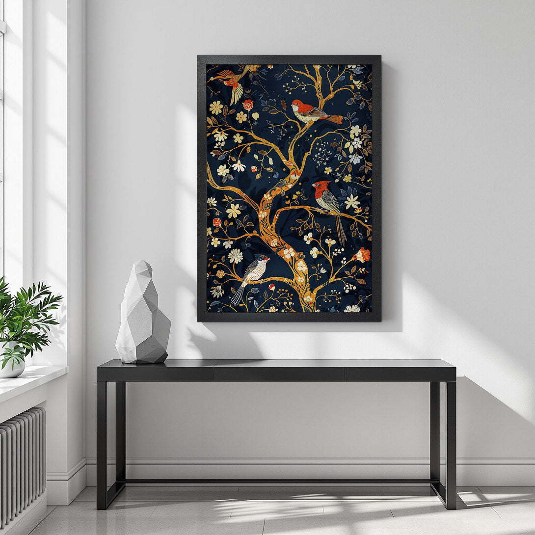 Framed Poster featuring a vibrant bird and floral design on a dark blue background. Adds a touch of elegance with its warm color palette.