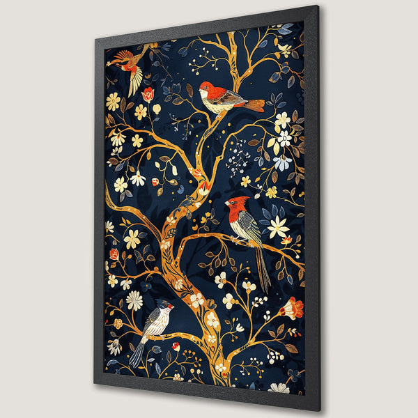 Framed Poster featuring birds on a tree with a dark blue background, gold and red accents. Elegant art for your home!