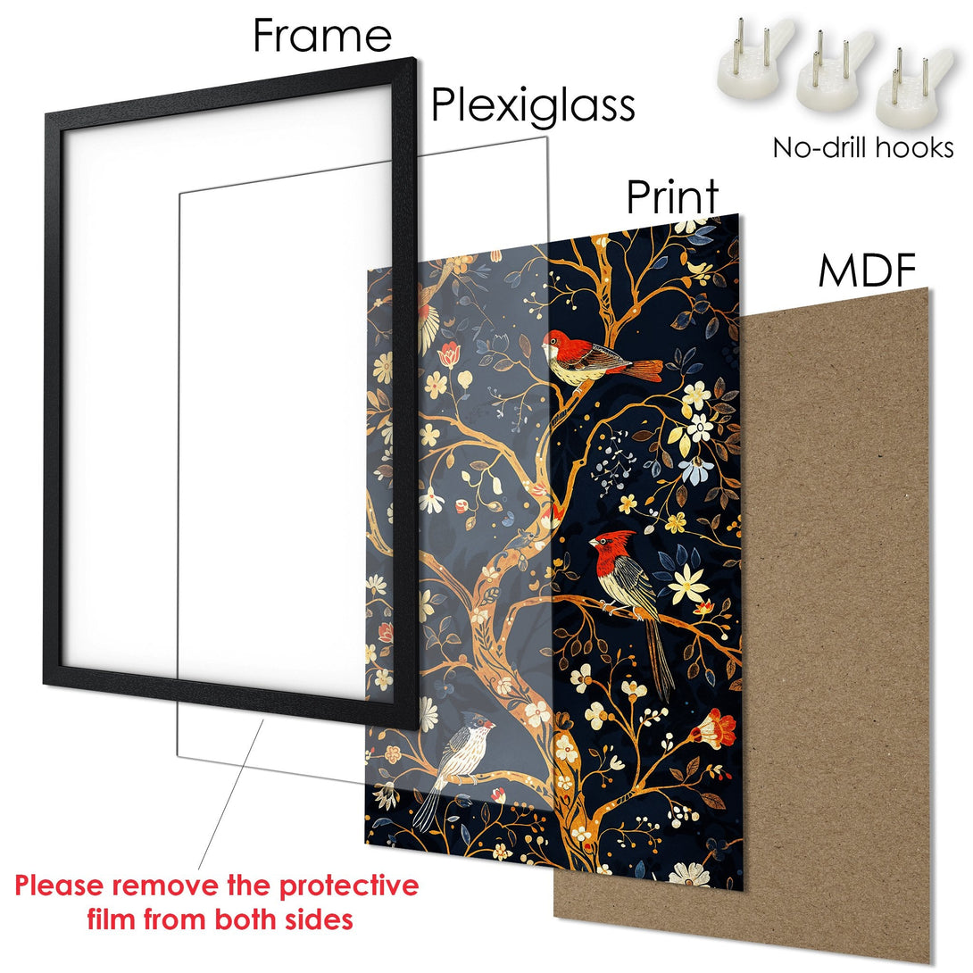 Framed Poster: Birds & floral design in navy, gold, and red. Perfect wall art for any room. Easy to hang!