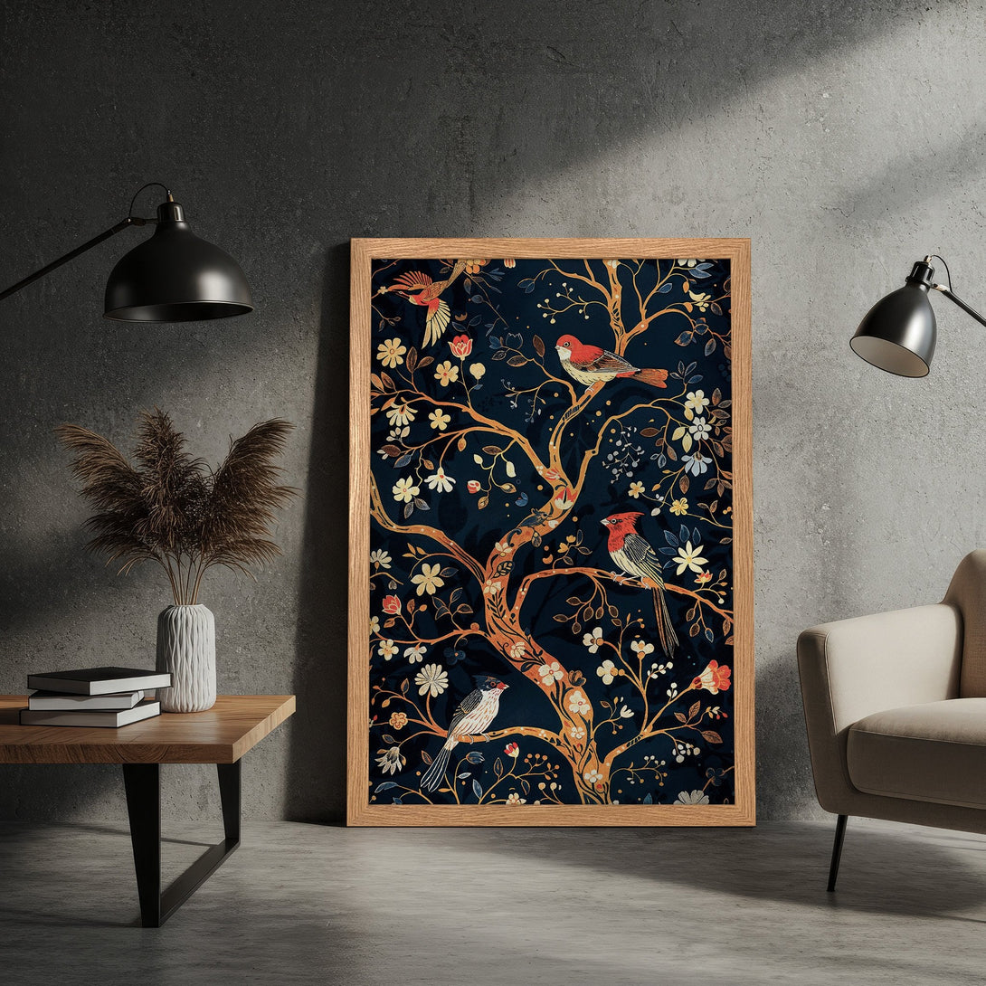 Framed Poster featuring a bird and floral design in a vintage style with a dark blue and gold color palette. Perfect wall art!