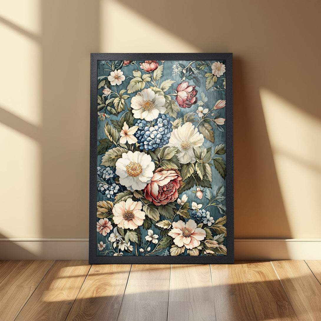 Framed Poster featuring a floral botanical design in a vintage style with a teal and cream color palette. Perfect wall art!
