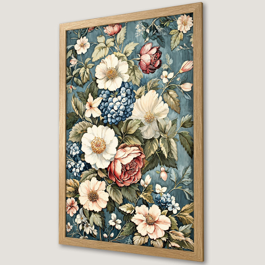 Framed Poster featuring a floral watercolor design with a teal and blush color palette. Perfect wall art for home decor.