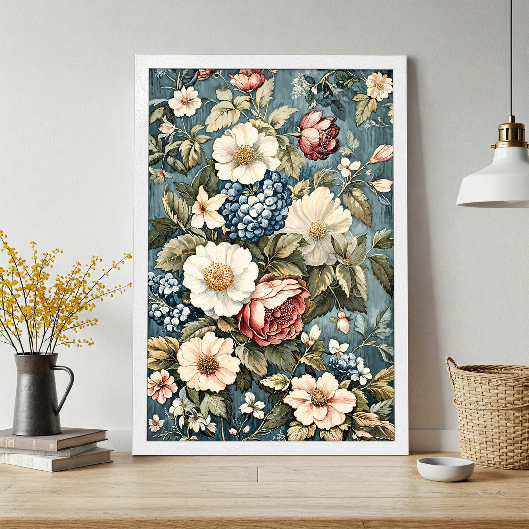Framed Poster featuring a floral design in a vintage style, with a teal and blush color palette. Perfect wall art for your home!