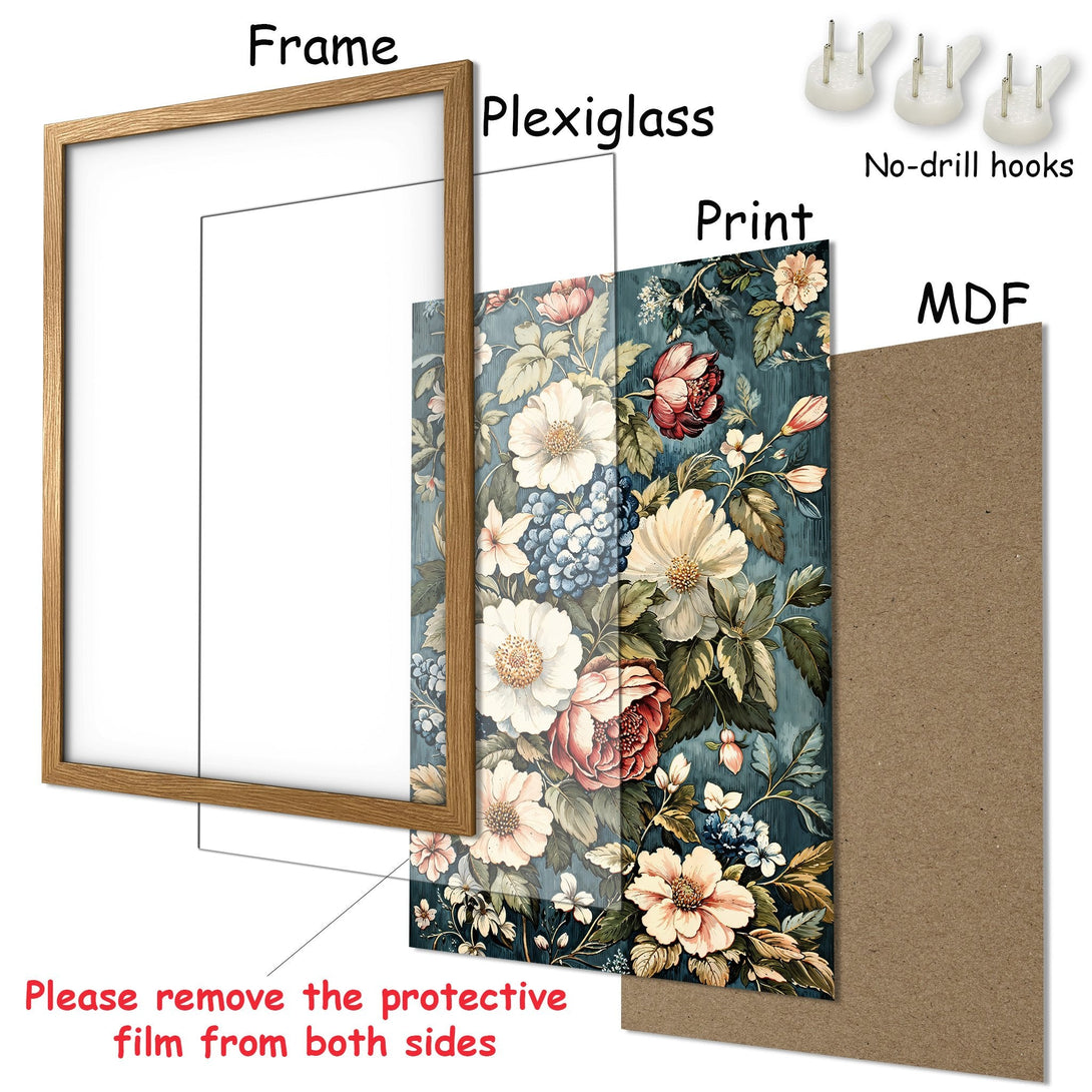 Framed Poster with floral design in a vintage style. Features a teal and cream color palette, perfect for home decor.