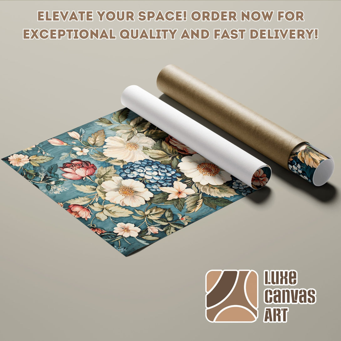 Floral Poster Roll with teal, pink, and white color palette. Vintage style art print for home decor. Order now!