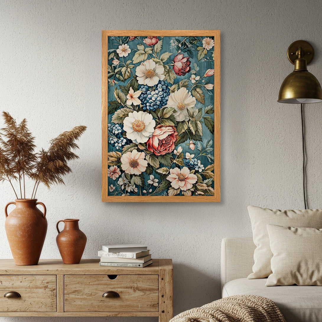 Framed Poster featuring a floral watercolor design in teal, pink, and white. Elegant botanical art for home decor.