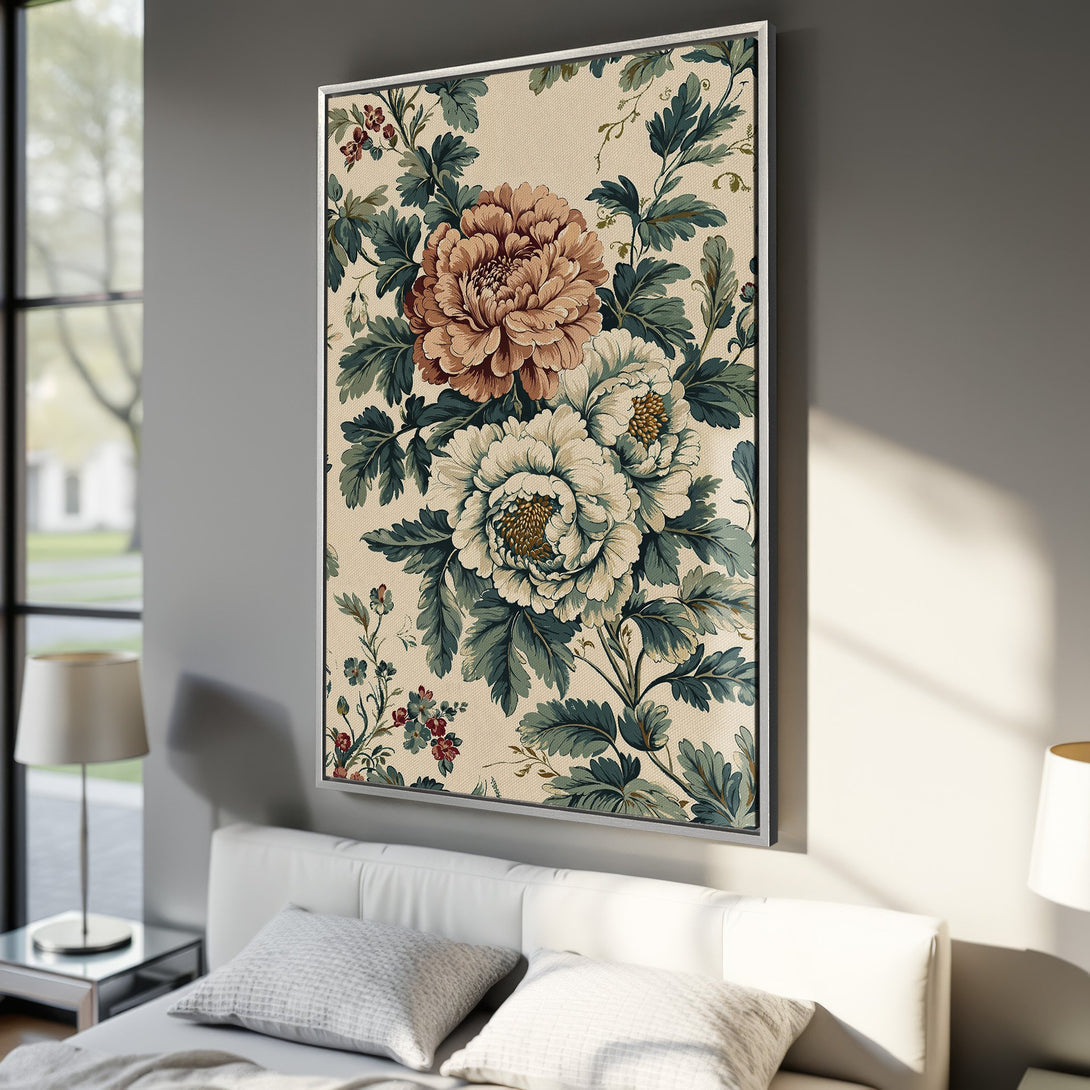 Framed Wall Art featuring a vintage floral print in a bedroom. Earthy color palette with cream, green, and brown tones. Elevate your space with this elegant Canvas Print.