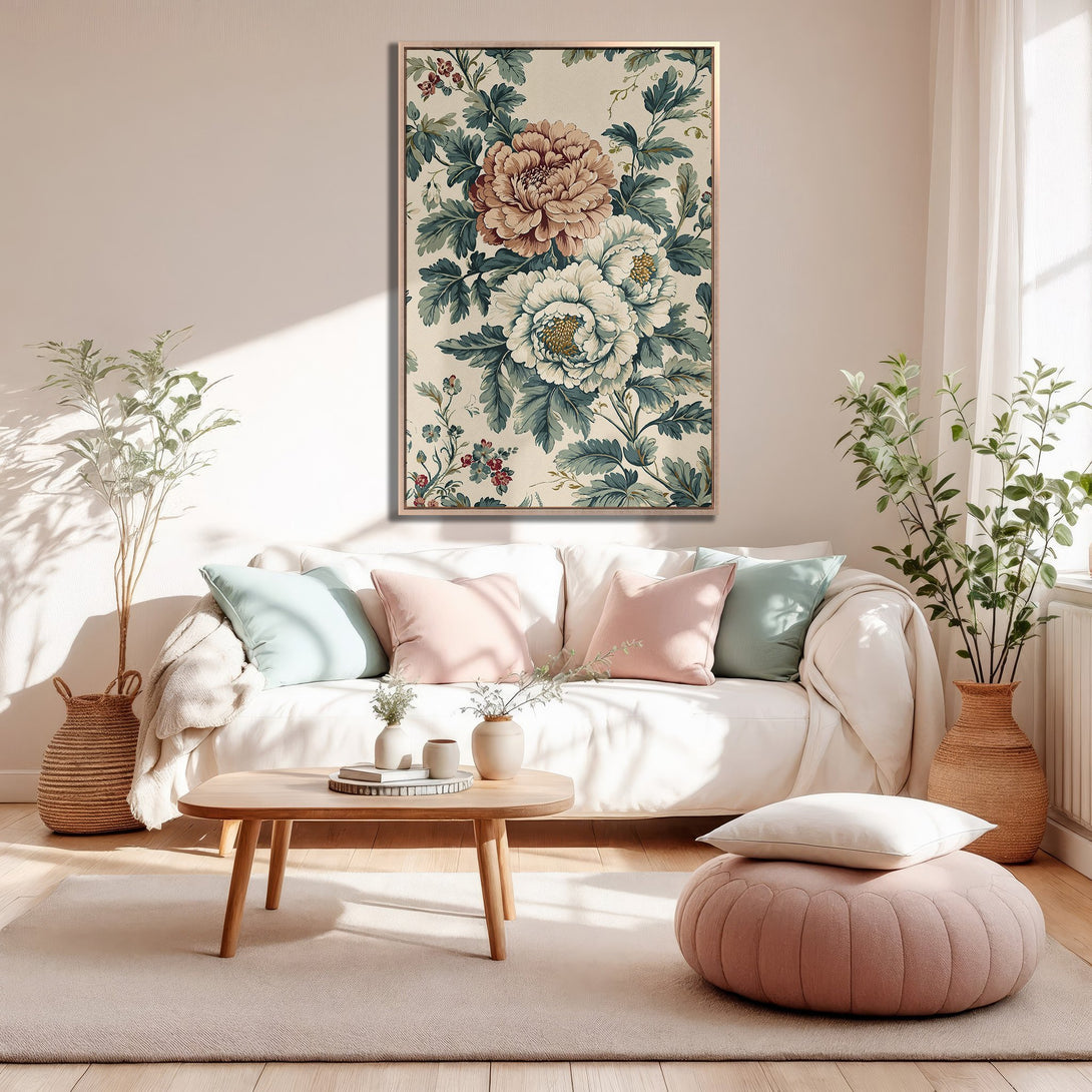 Framed Wall Art featuring floral print in neutral & muted tones. Perfect for adding a touch of elegance to your living room decor. Shop now!