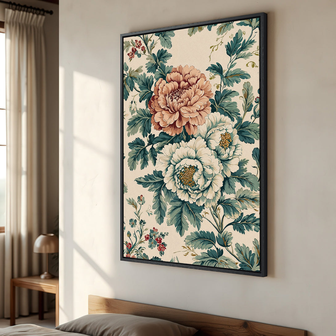 Framed Wall Art featuring elegant floral design in a vintage style. Earthy tones of beige, teal, and coral create a warm, inviting atmosphere. Perfect for any room!