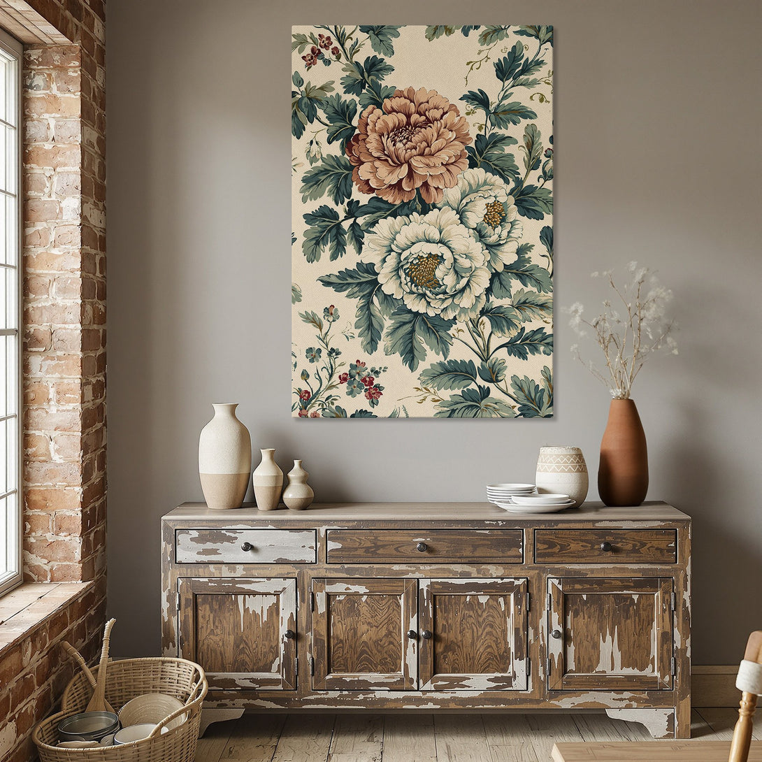 Framed Wall Art featuring a floral botanical print in a dining room. Vintage style with a warm, neutral color palette.