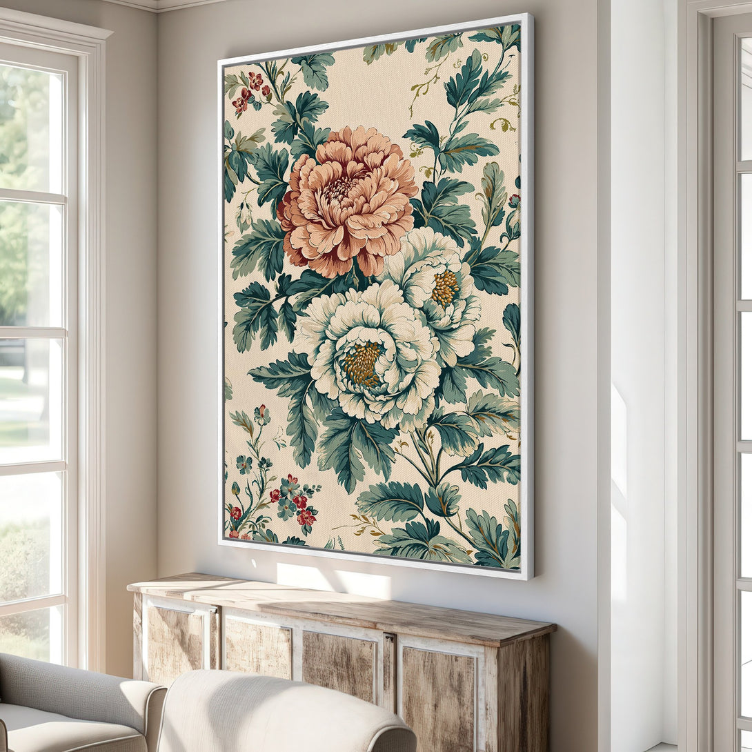 Framed Wall Art featuring a vintage floral design with peonies in a soft, warm color palette of cream, teal, and peach. Perfect for elegant decor.