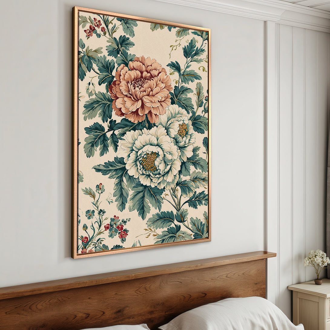 Framed Wall Art featuring floral peonies in a vintage style. Earthy tones with teal and blush accents. Perfect for bedroom decor.