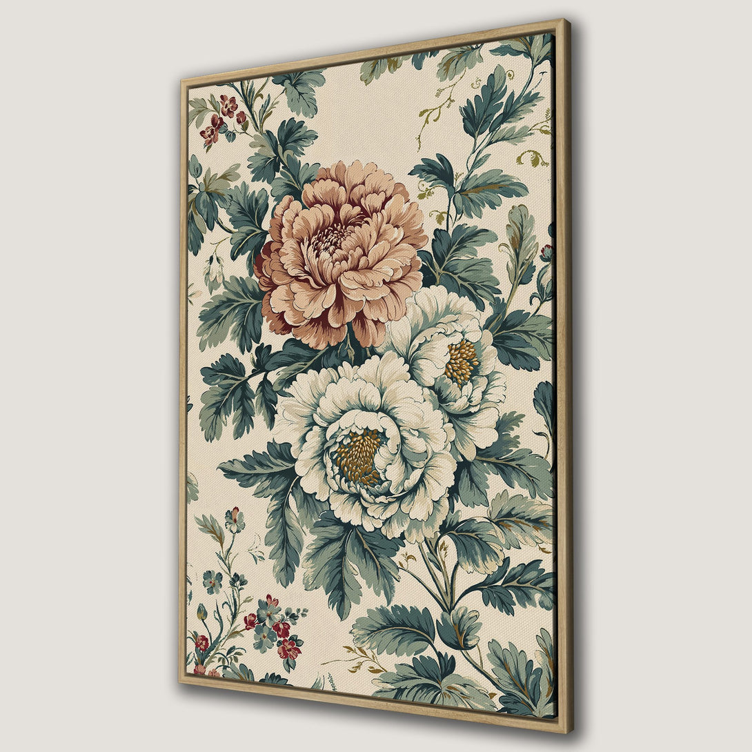 Framed Wall Art featuring a vintage floral design with peonies in a muted color palette of cream, teal, and brown. Perfect for adding a touch of elegance.